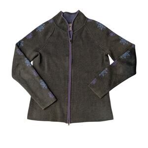 Eddie Bauer Women's Zip Front Long Sleeve Gray Snowflake Sweater